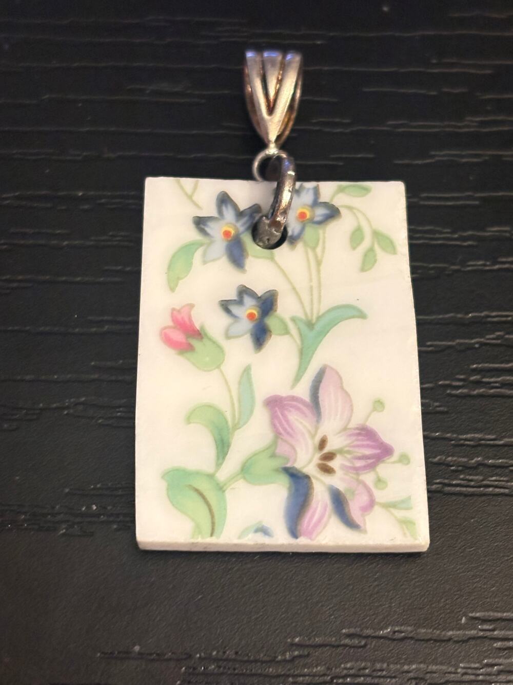 Hand Painted Ceramic Floral 925 Sterling Pendant